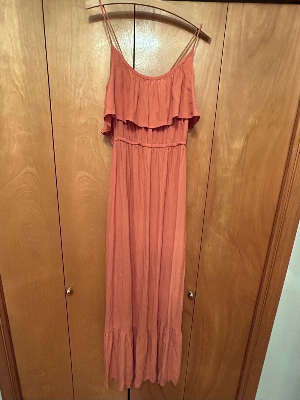 Women’s Rust Ruffle Maxi Dress - Sleeveless Spaghetti Strap